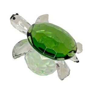 Hand Blown Glass Green Turtle Paperweight Crystal Clear Orb Base Decor